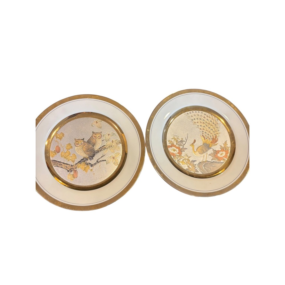 Vintage Chokin Art Plates Yoshinobu Hara Peacock Owls Gold Silver Gilt Set of 2